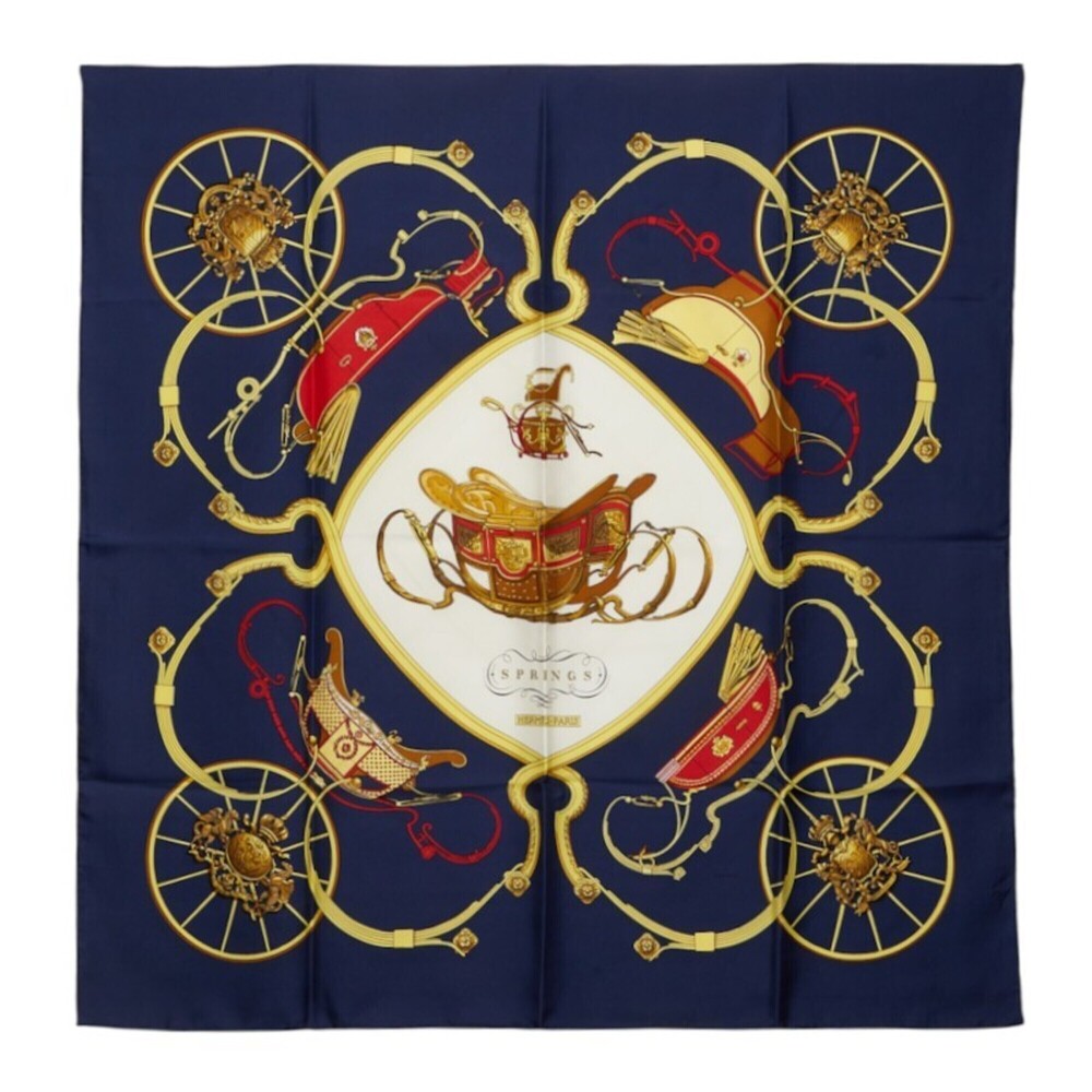 Hermes Carre 90 Springs Scarf/Muffler, Large Size, Navy/Multicolor Silk, Wome...